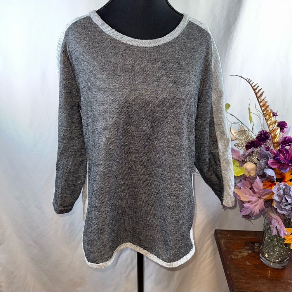 Rebecca Malone Gray Knit Tunic Top Contrast Trim Long Sleeve Size L